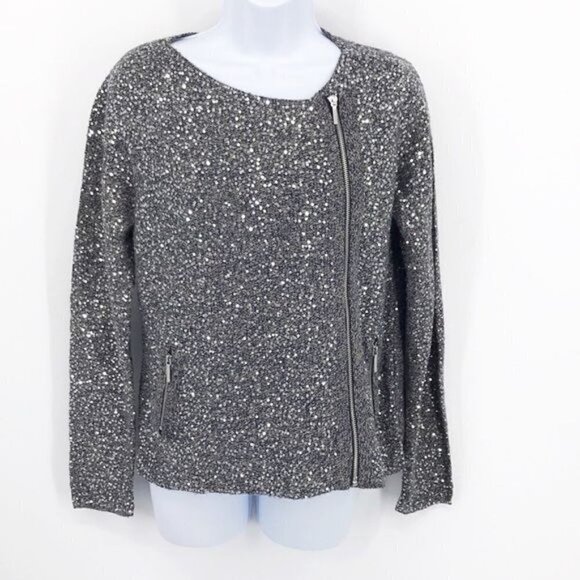 Chico's silver sequin asymmetrical zip jacket ladies size 8 - Picture 1 of 7
